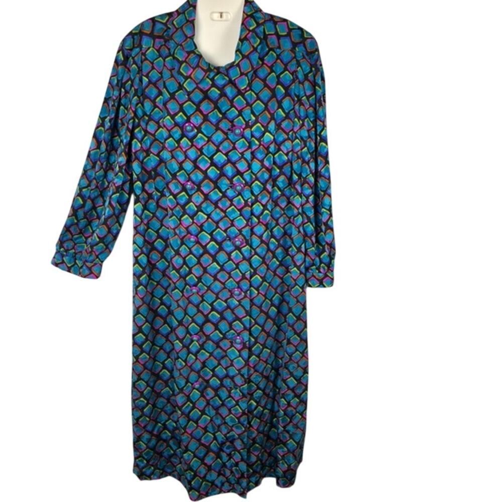 Vintage Baron Peters 100% Silk Geometric Trench Coat Teal Purple Lined Sz L